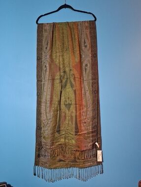 Paisley Fringe Scarf in Olive, Gold and Rust